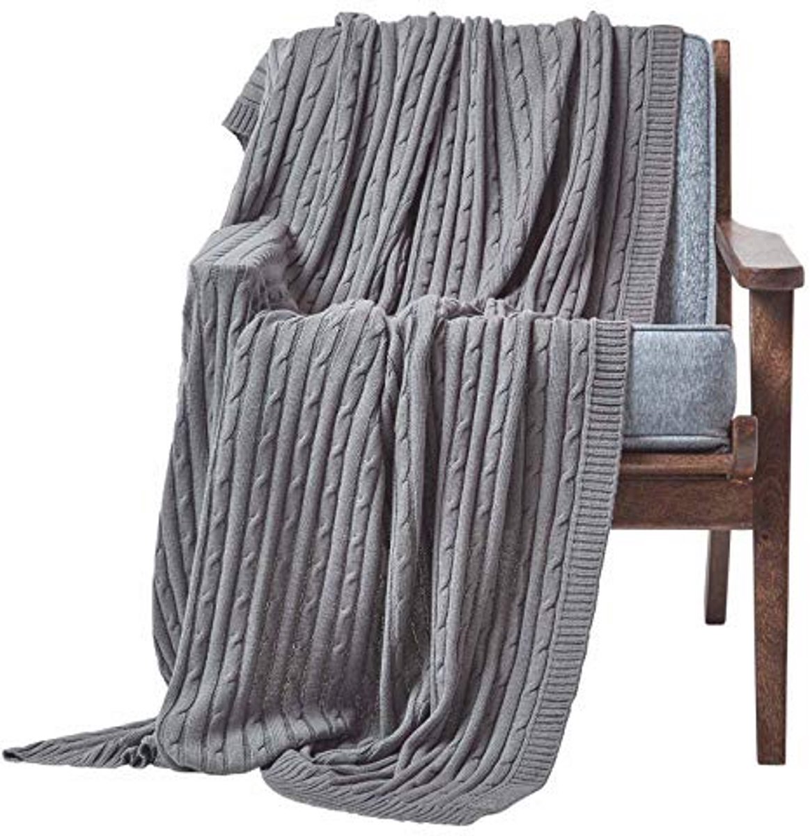 Zachte brei/plaid in grijs met kabelpatroon – 100% katoen, ideaal als deken of bankhoes 130 x 170 cm