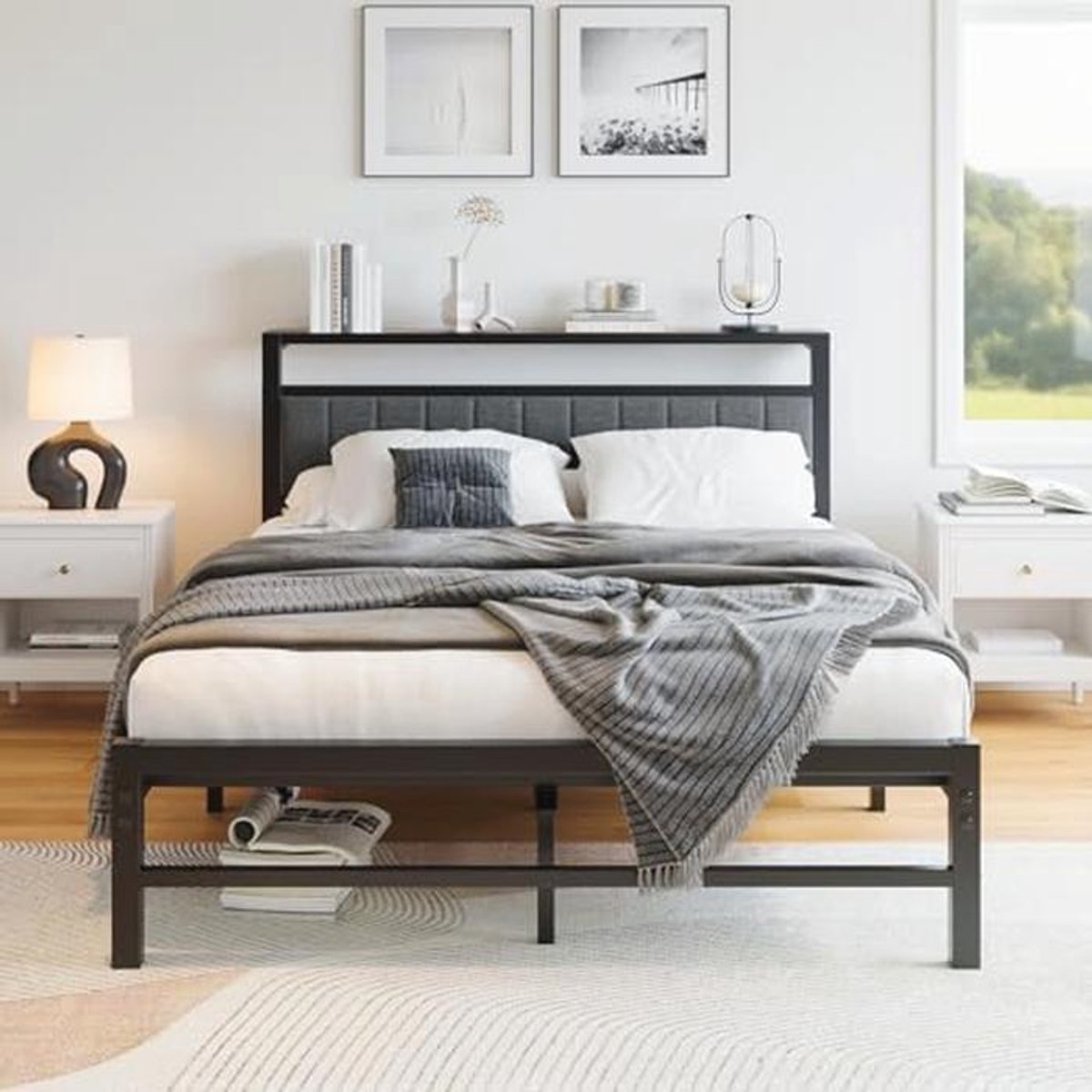 Metalen Platformbed 140 x 200 cm met Gestoffeerd Hoofdeinde - Donkergrijs Bedframe met Sterke Lattenbodem