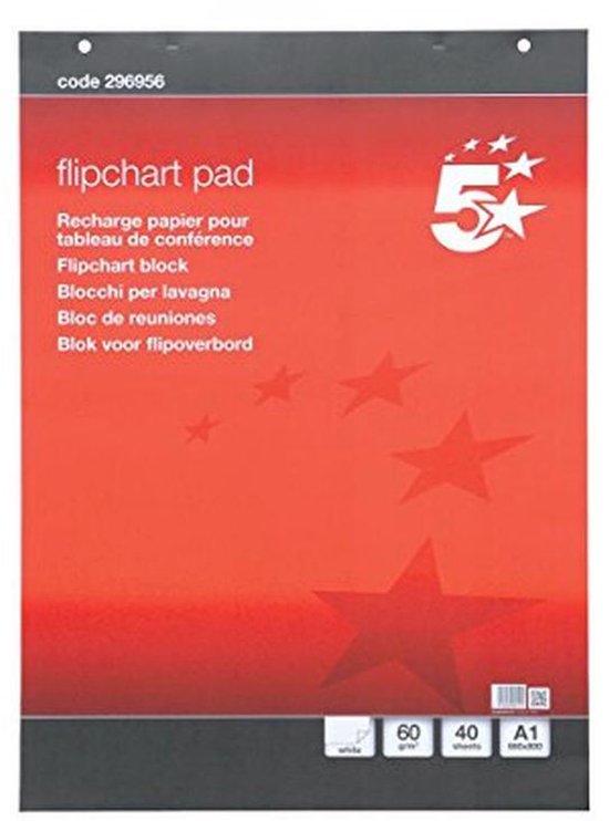 5 Star Kantoor Flipchart-blok – A1 – 40 Geperforeerde Vellen – 5 Stuks – Speciaal Gecoat Papier – Inktdoorloopvrij