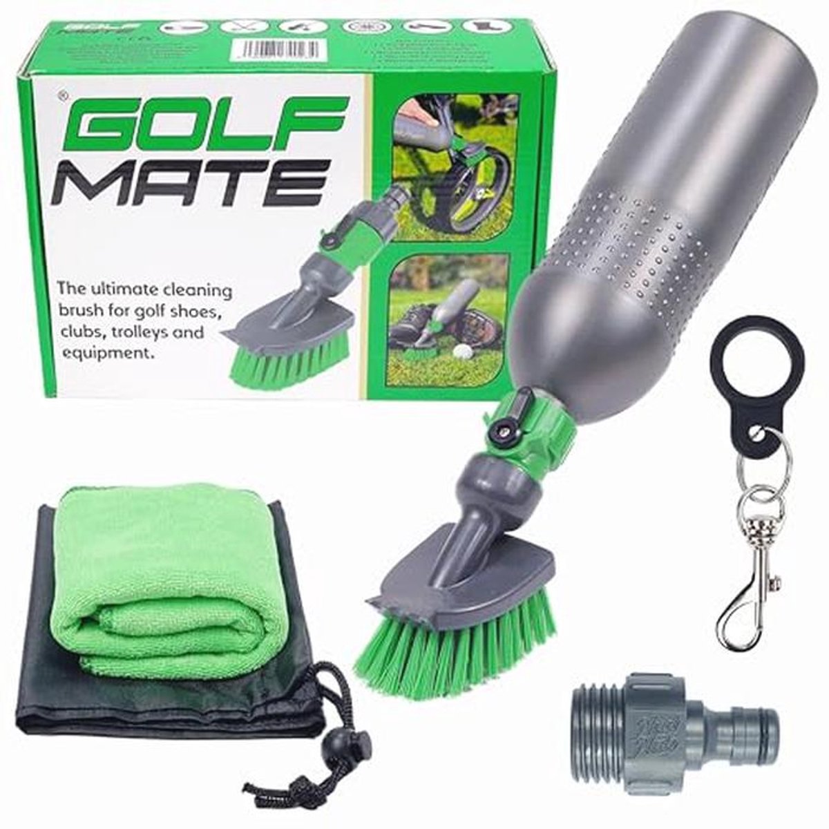 Ultieme reinigingsset voor golfschoenen, clubs en outdoor-uitrusting - eenvoudig te gebruiken met tuinslangaansluiting - Heavy-Duty 500ml fles en waterdichte tas