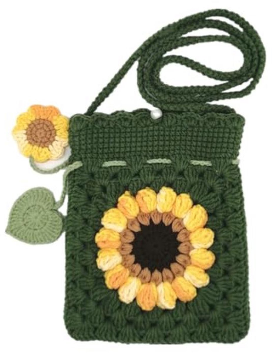 Handgemaakte gehaakte telefoon tas met zonnebloem design in 3 kleuren