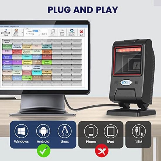 Desktop Barcodescanner – USB Bekabeld, 1D & 2D, Automatische Detectie – Voor Supermarkt, Magazijn, Winkel – Plug-and-play