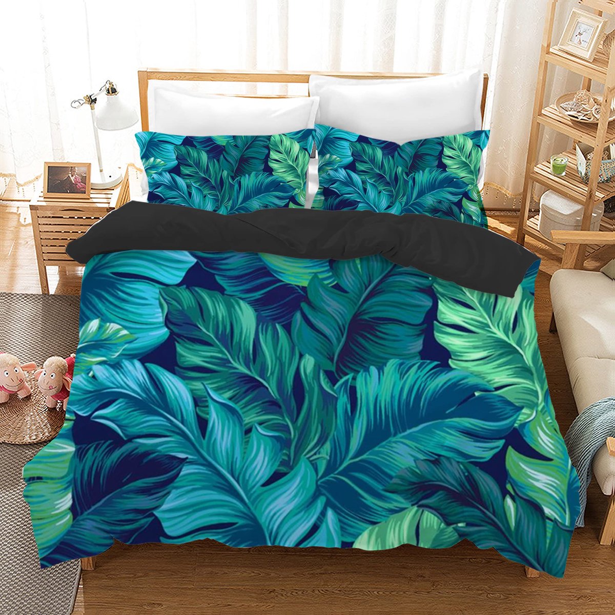 Ibenzoa Roze Dekbedovertrekset met 3D Rode Rozen en Palmbladeren voor Romantische Slaapkamer Blauw
