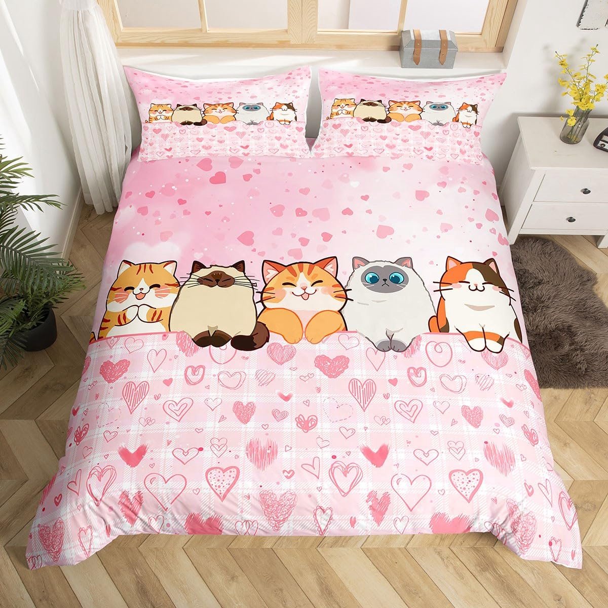 Ibenzoa Schattig Katten Dekbedovertrekset voor Kinderen en Volwassenen met Kussensloop Roze