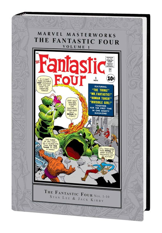 Marvel Masterworks: The Fantastic Four Vol. 1, met de originele striphelden in actie, waaronder The Thing, Mr. Fantastic, Human Torch en Invisible Girl.