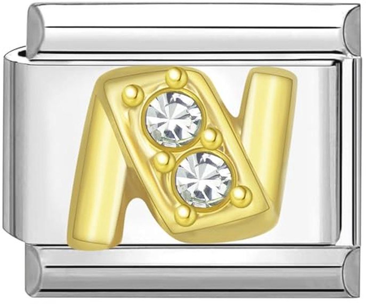 9mm Italiaanse Schakel Bedel Module Roestvrij Staal Goud Zirkonia alfabet letter N voor Armbanden
