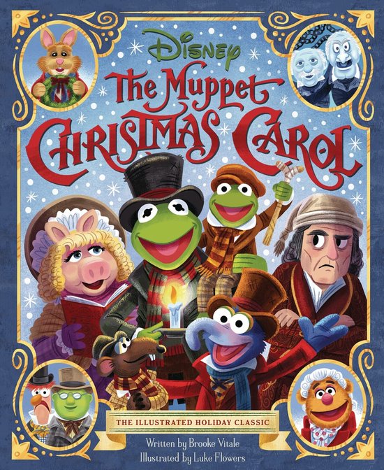 De cover van "Disney The Muppet Christmas Carol", met Kermit de Kikker als Scrooge, Miss Piggy, Fozzie, Gonzo en anderen.