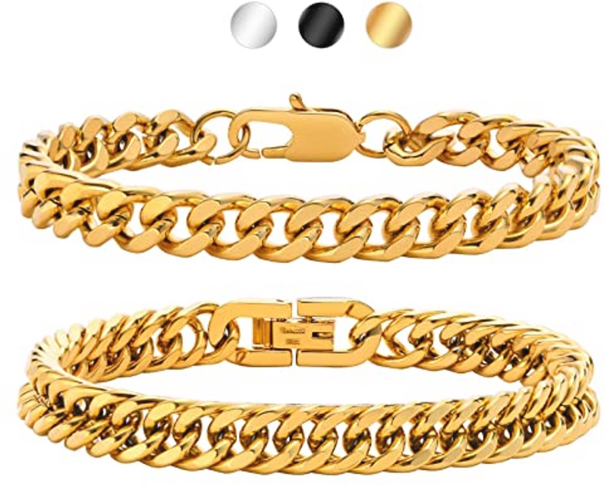 2 Stuks Pantserarmband voor Heren van Staal - Onbreekbare Cubaanse Link Armband - Cadeau voor Heren en Dames - 19CM Roestvrij Staal