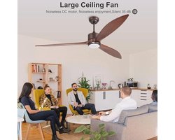 165 cm massief houten plafondventilator met DC-motor en dimbare LED-verlichting - Geschikt voor Alexa en Google Home - 6 snelheden en IP44