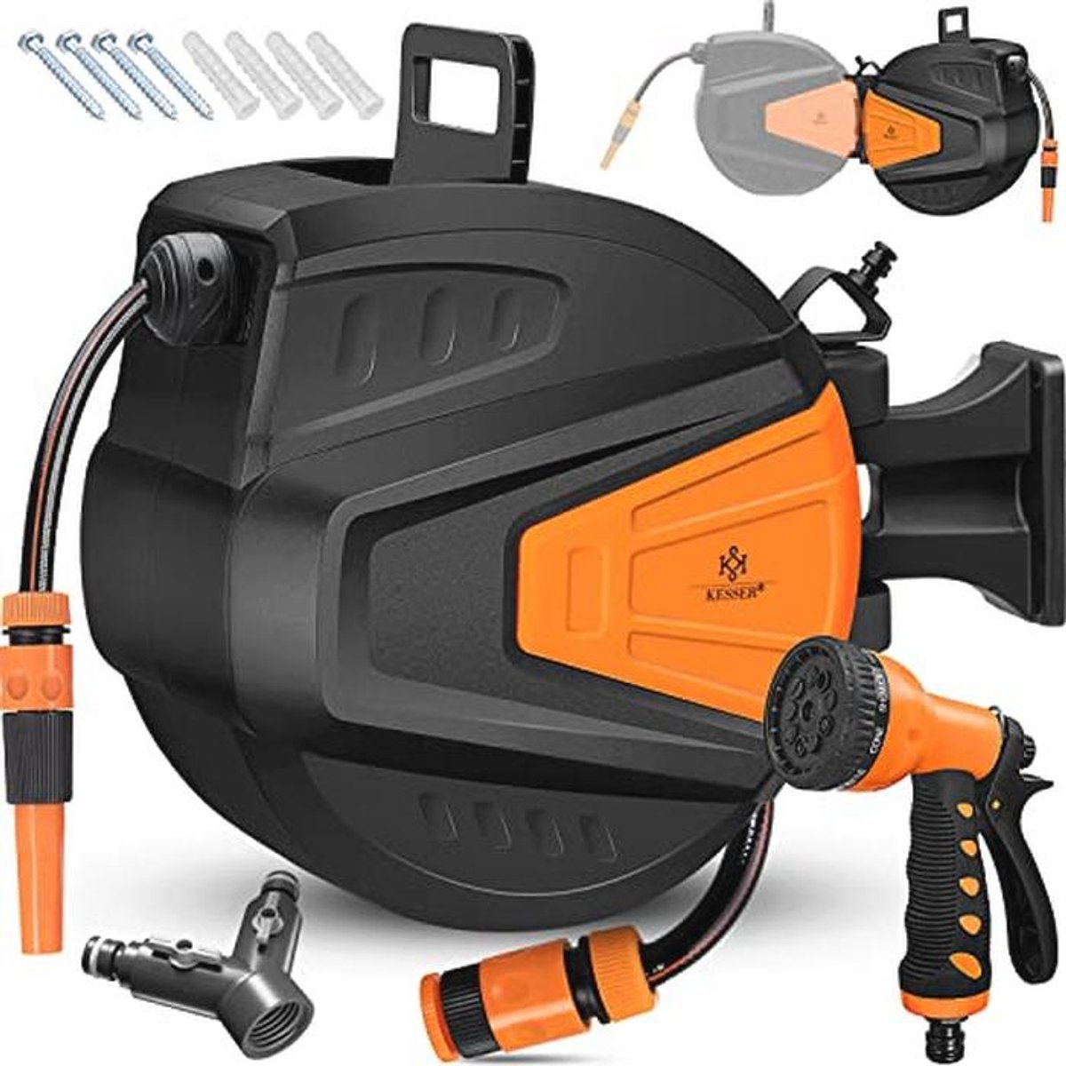 Automatische Slanghaspel met 30 m Tuinslang en Multi-Handdouche - 180° Draaibaar en Wandhouder