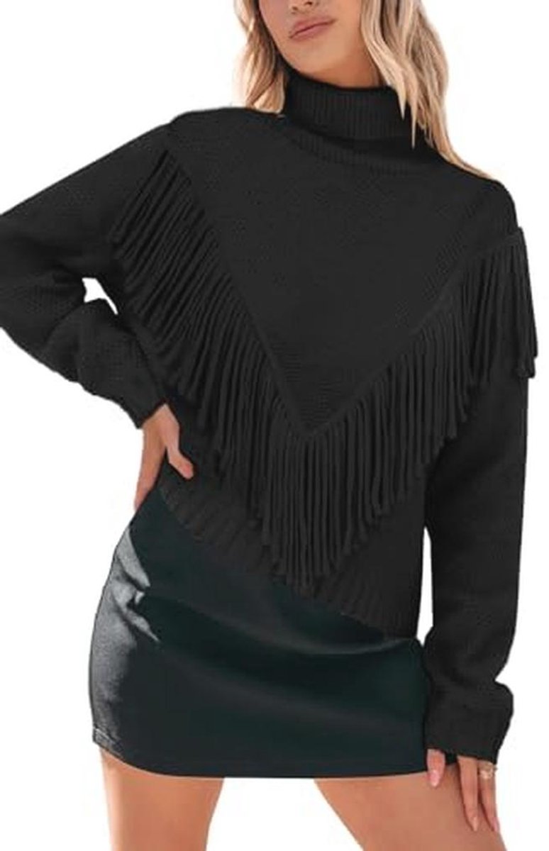 Lange coltrui dames met franjes - warme, slim fit pullover met lange mouwen