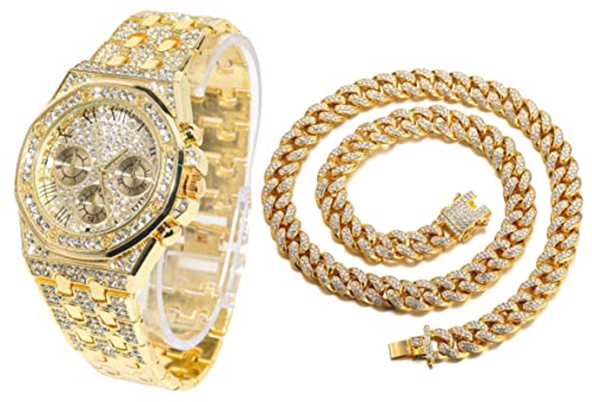 Gouden Diamanten Horloge voor Mannen met Iced Out Design en Cubaanse Schakelketting