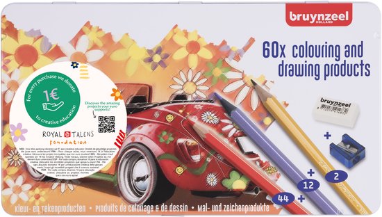 Bruynzeel - Boîte de coloriage 60 pièces avec crayons, gomme et taille-crayon - Coccinelle Super Sixties