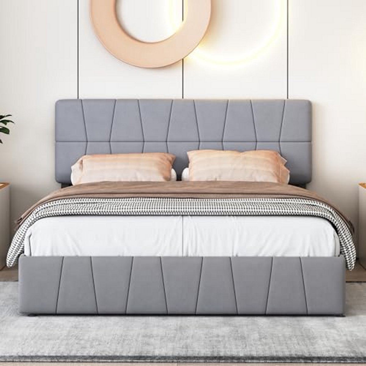 Opbergbed 160 x 200 cm met Hoofdeinde en 4 Laden - Gestoffeerd Bed met Verstelbaar Hoofdeinde - Comfortabel en Ruimtebesparend Design