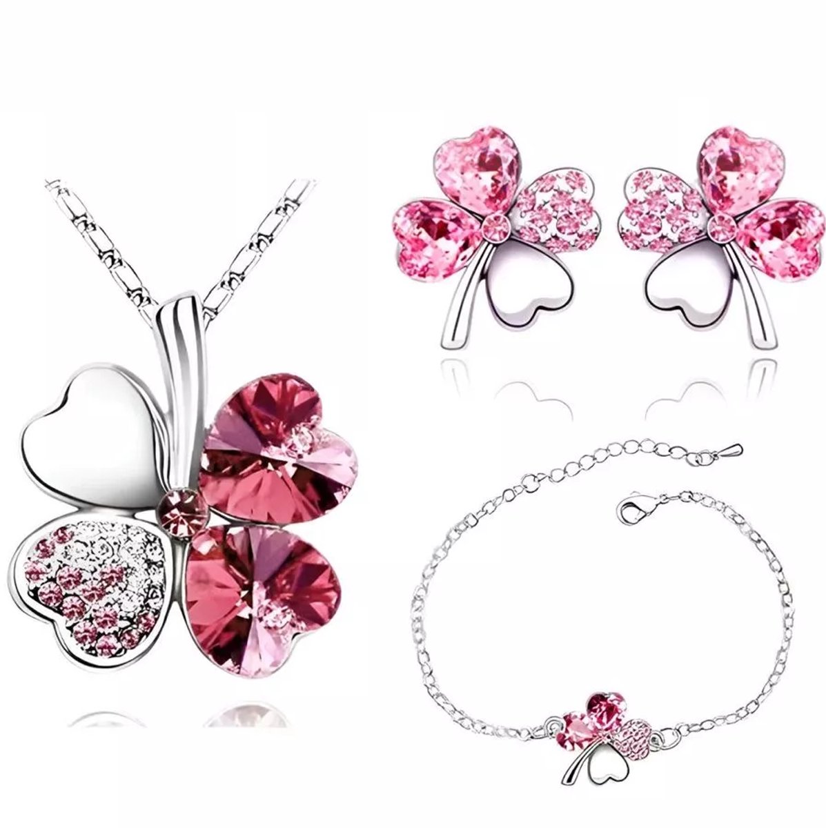 Fler® | Dames Sieraden Geschenkset Compleet | Klavertje Vier Hartvormig Zilver & Diep Roze | Ketting met Hanger | Armband | Oorbellen | Zilverkleurig