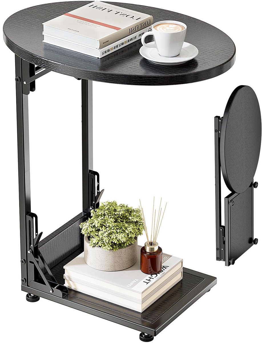 Unyqoos Inklapbare C-vormige salontafel met opbergtas voor compacte woonruimtes zwart