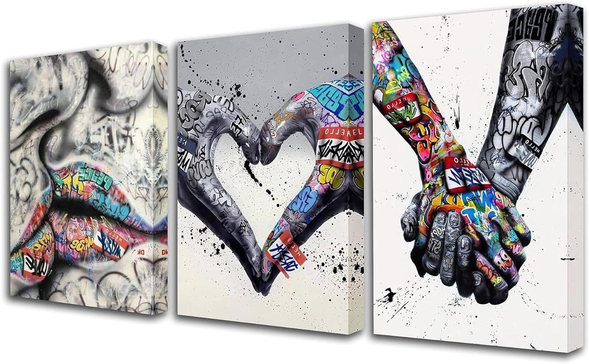 Provento - Graffiti schilderijen Holding Hands Romantic Heart Prints Canvas Woondecoratie 150x60 cm.