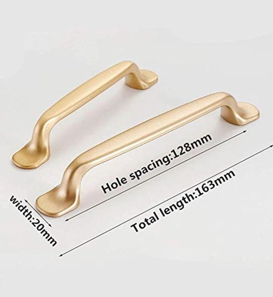 Twee matte gouden grepen, één met afmetingen: breedte 20 mm, gatafstand 128 mm, totale lengte 163 mm.