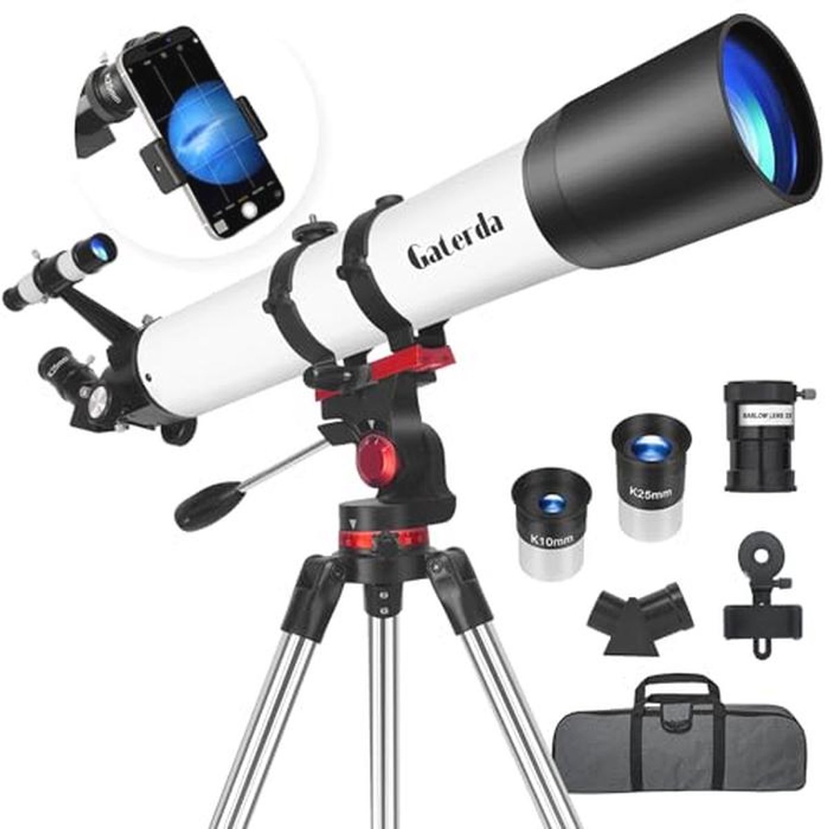 Telescoop voor Volwassenen met 90 mm Opening - Refractortelescoop voor Beginners met Zoeker, Statief en Telefoonadapter