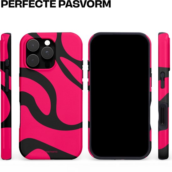iPhone 14 Pro hoesje met zwart-roze Mamba-golfpatroon, met de camera-uitsparing.