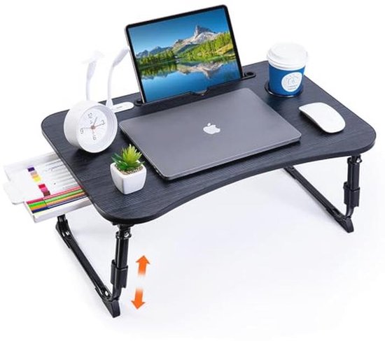 SAIJI Verstelbare PVC Lederen Laptop Bed Tafel - Draagbaar Staand Bureau met Opberglade, Opvouwbare Lap Tablet voor Bank en Floor (Groot, Wit