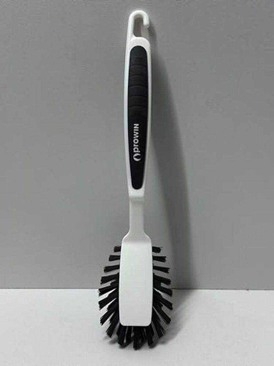 Krachtige spoelborstel met rubberen grip en geïntegreerde schraper