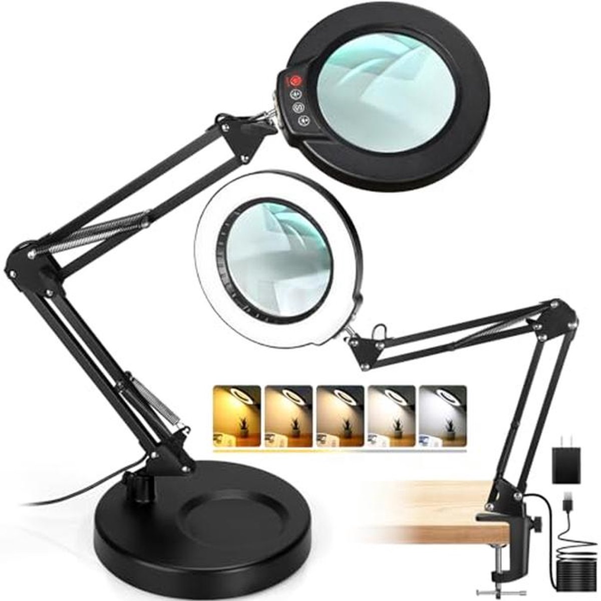 Vergrootglas met Licht en Standaard - 2-in-1 Computerlamp met 5 Kleurmodi