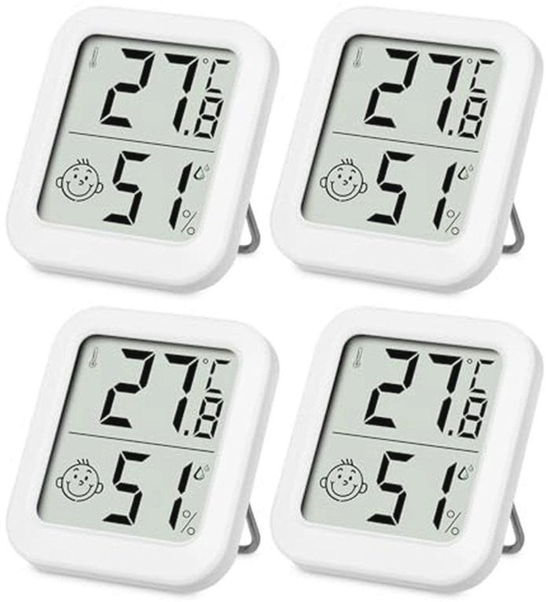 Mini Thermo-Hygrometer - Digitale Binnenkamer Thermometer met Luchtvochtigheidsmeter en Smiley Indicator - Set van 4