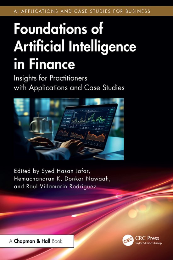 Boek "Foundations of Artificial Intelligence in Finance", met een afbeelding van een laptop die financiële grafieken toont.