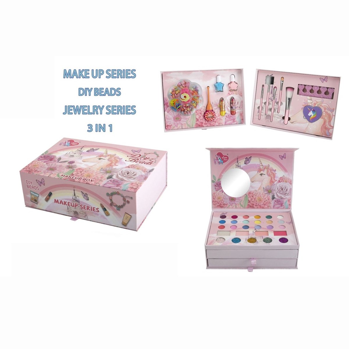Make up meisje - 3-in-1 Kinder Make-up Set & DIY Kralen Juwelendoos-Make up Doos Meisjes - Inclusief DIY Sieraden Kralen & Kwasten – Afwasbare Kinder Make-up Cadeauset met Spiegel & Opbergkoffer — afbeelding 2