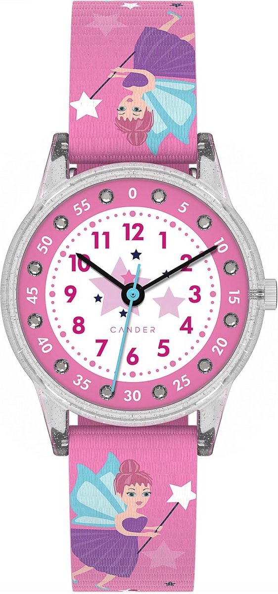 Roze Kinderhorloge met Feeënprint en Glinsterende Beziging - Leerband met Stoffen Armband - 3 ATM Waterdicht - Analoge Wijzerplaat
