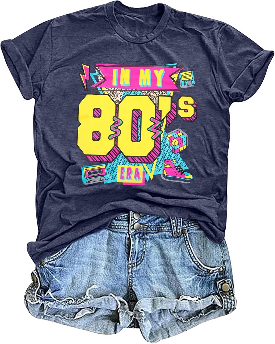 Vintage 80s T-shirt met Neon Grafische Print - Retro Vrouwen Tops uit de Jaren 80 en 90 voor Feest en Casual Dragen