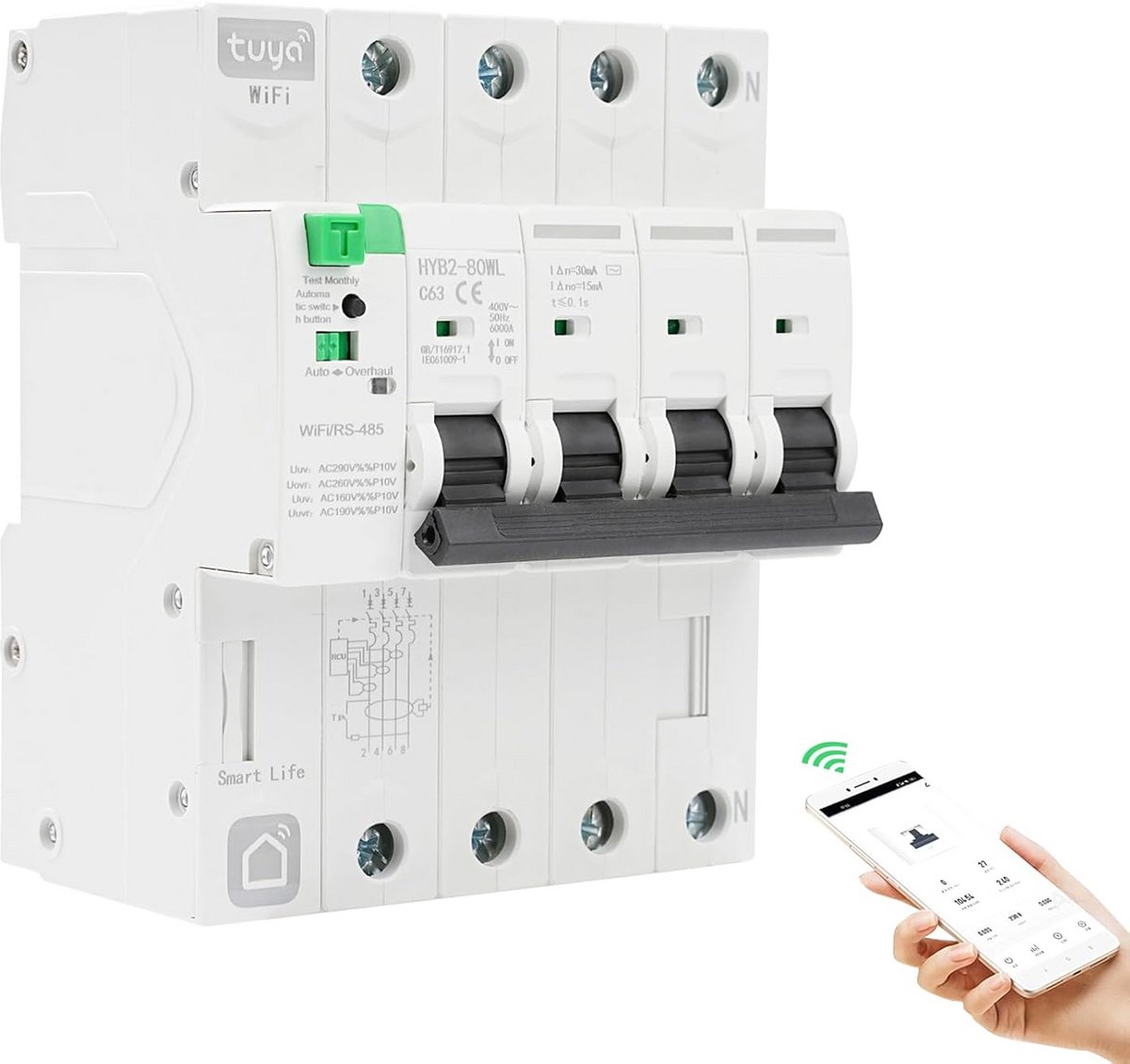 Intelligente stroomonderbreker 63A 4P 30mA met WiFi en RS485 voor afstandsbediening en energiemonitoring
