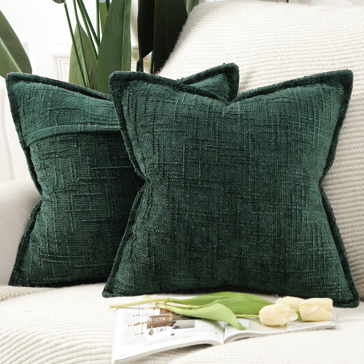 Unyqoos Set van twee elegante chenille kussenslopen voor woonkamer en slaapkamer groen