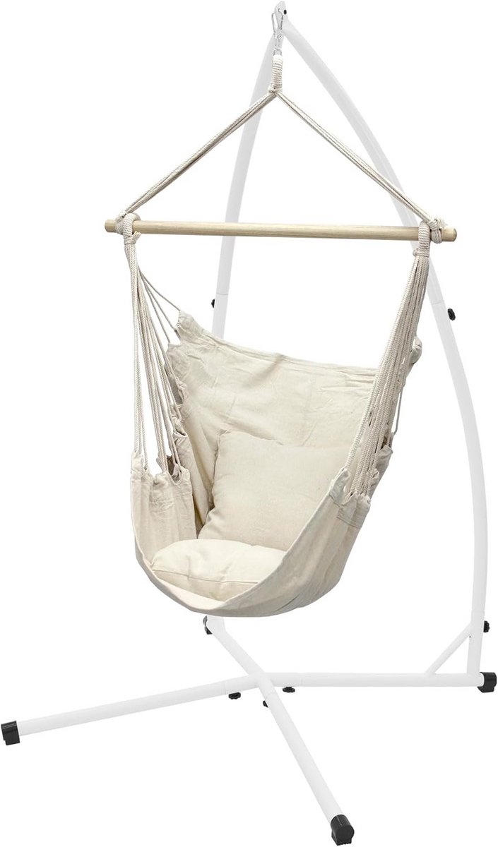 Hangstoel met Frame 208 cm - Katoenen Hangstoel Beige met Kussens - Belastbaar tot 120 kg - Freestanding Metalen Frame - Geschikt voor Binnen en Buiten - inclusief 2 Kussens