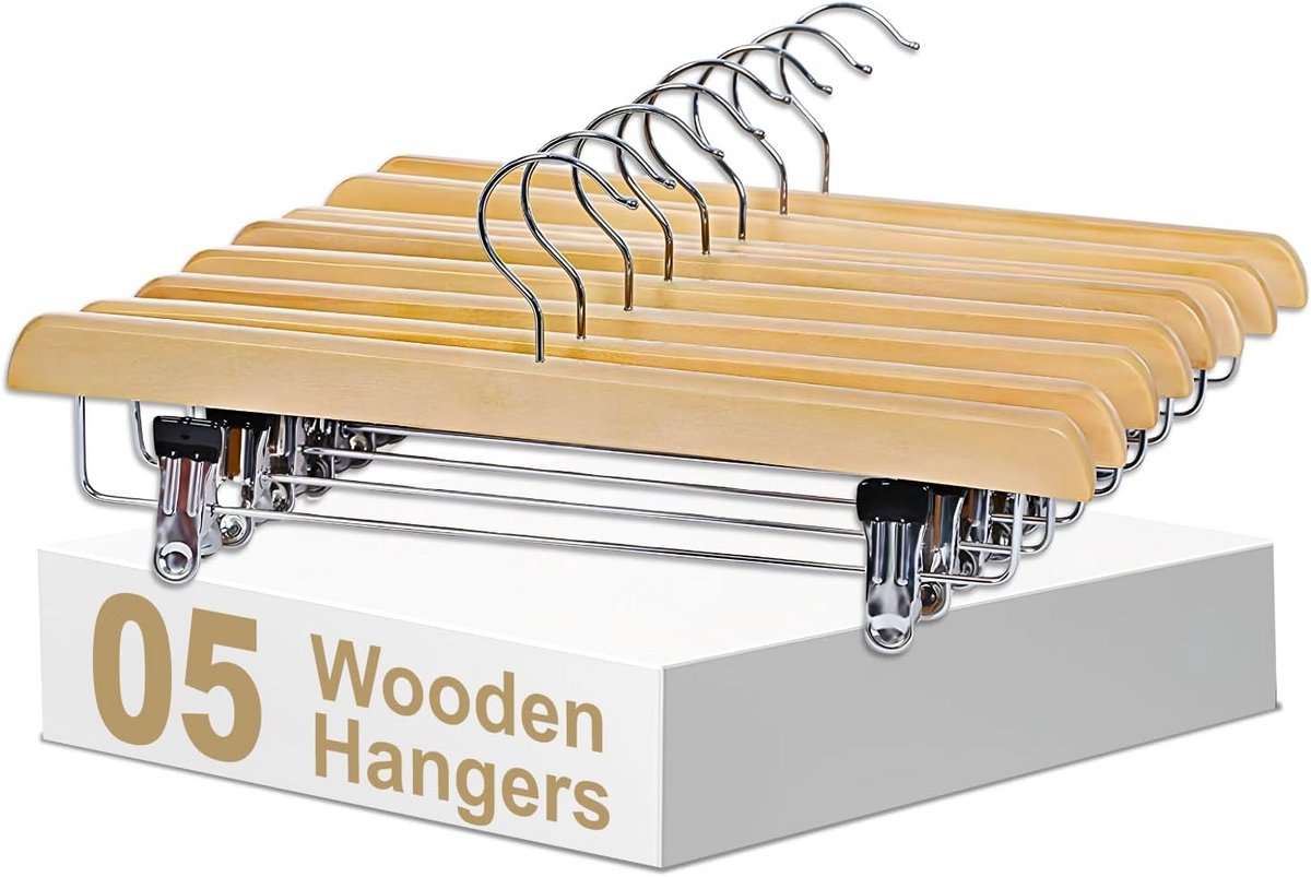 Houten broek- en rokhangers met 360° draaibare haak, ruimtebesparend ontwerp, set van 5