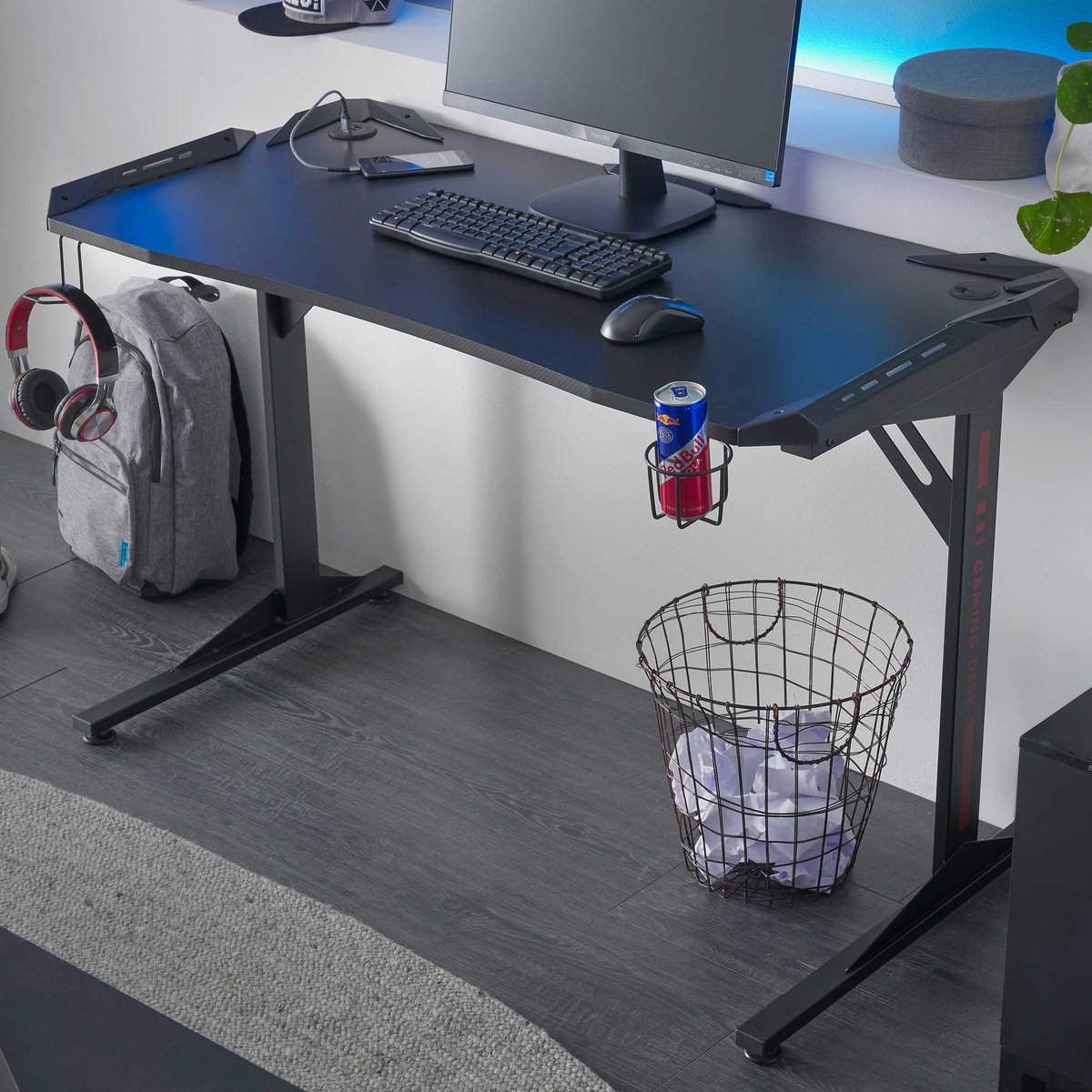 Computerbureau Bernal Met Ledverlichting - Zwart - 119x60x76cm - Emob - Bureautafels - Zwart - Metaal; Spaanplaat