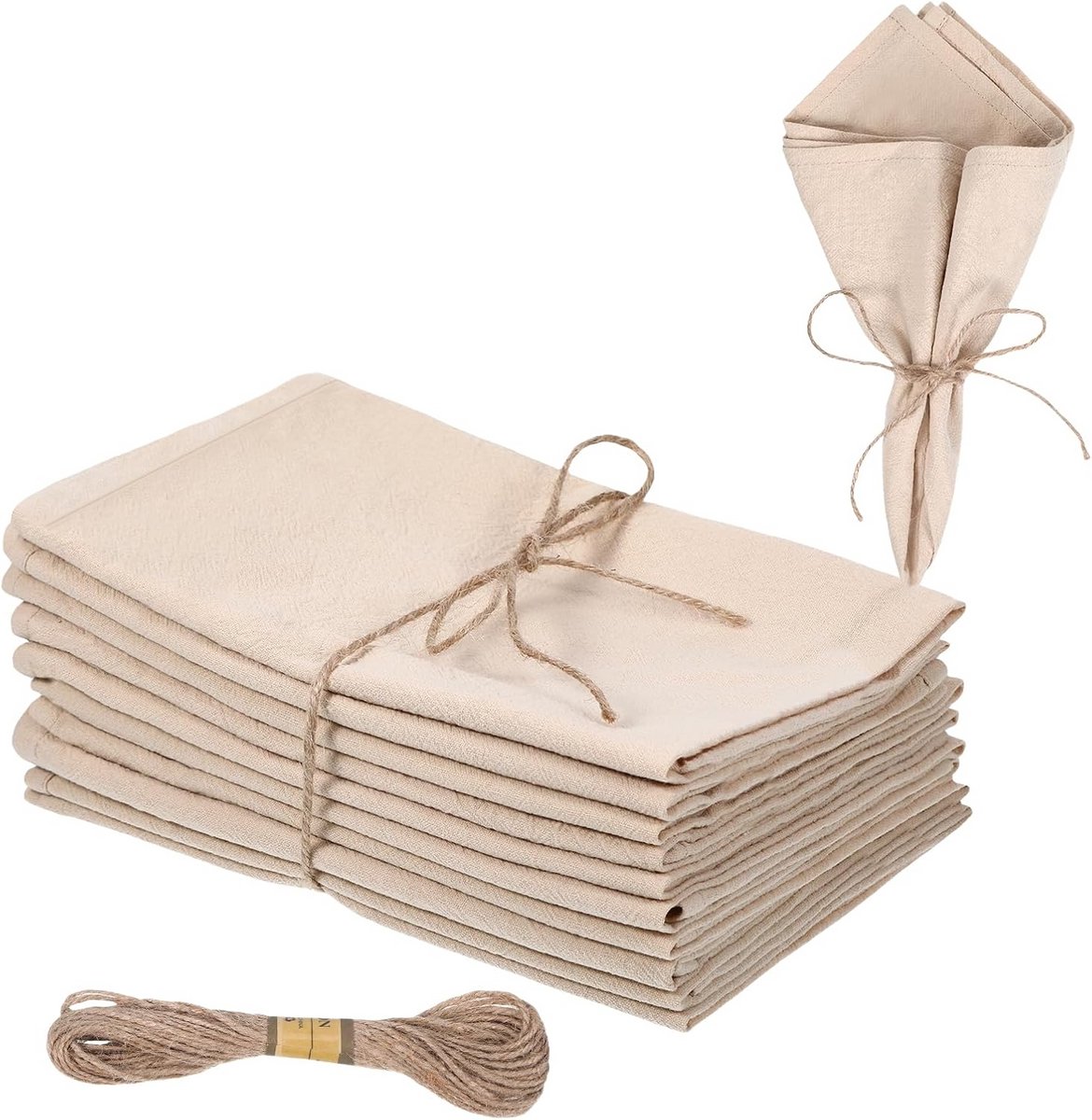 12 katoenen servetten beige linnenlook set franje decoratieve touwtjes