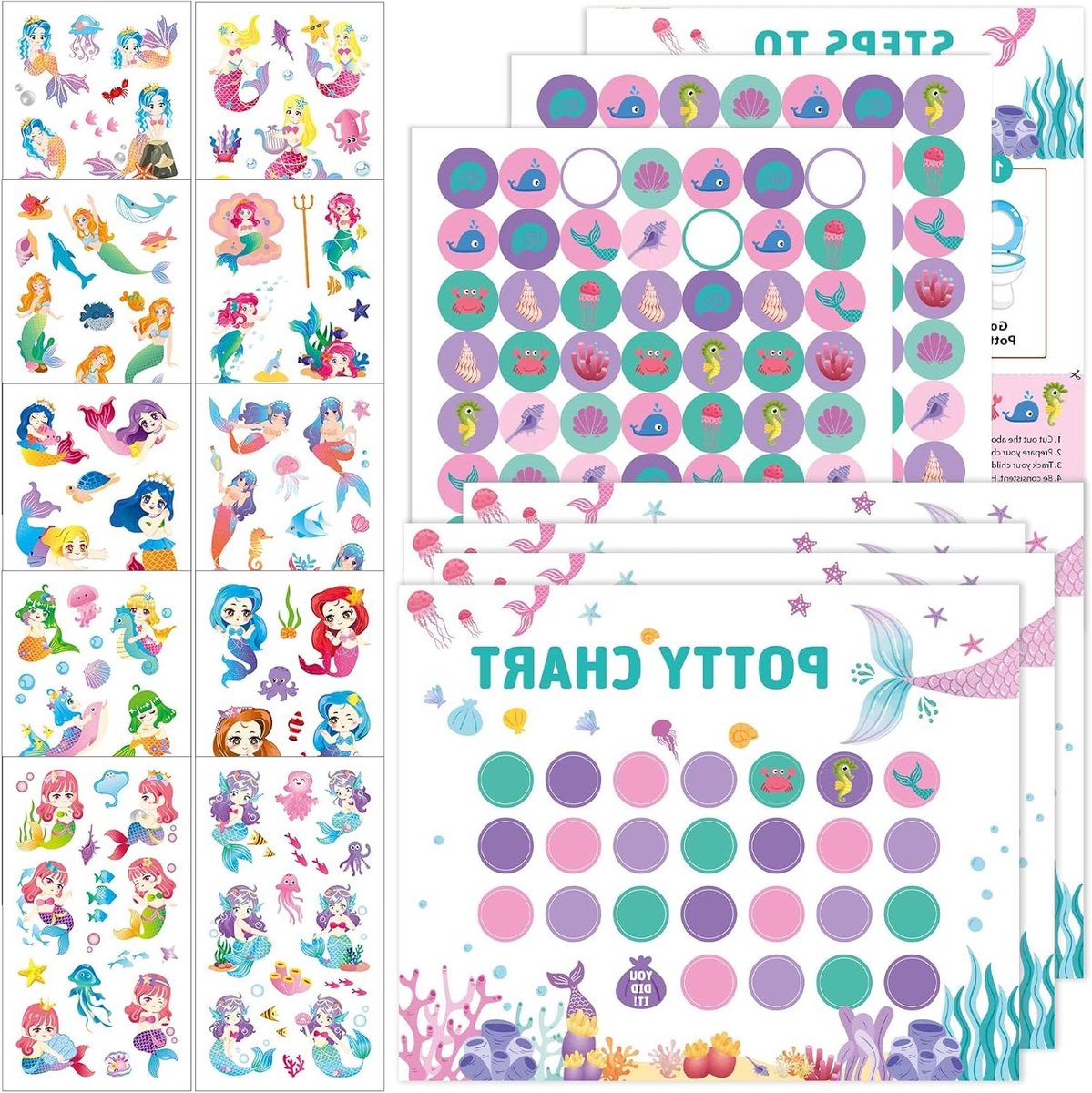 Ronte - Beloningsbord voor kinderen met stickers en tattoos - Potty Training - Jongens en meisjes - Zeemeermin - Set van 10