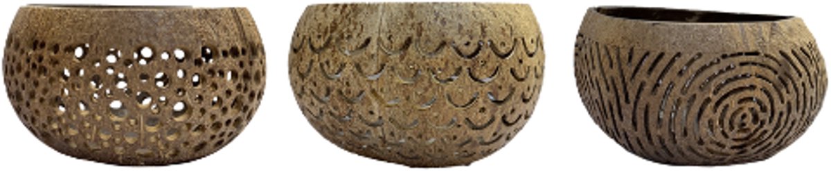 Homedeco – Decoratief Object – Kokosnoot – Donker - Handgesneden Patroon – Windlicht – Set van 3 – Naturel