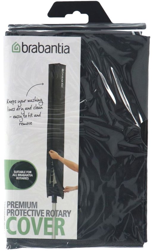 Brabantia droogmolen beschermhoes met "Keeps your washing lines dry and clean" tekst.