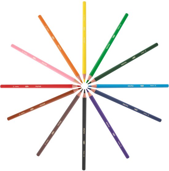 Twaalf BIC Kids potloden in een cirkel op een witte achtergrond.