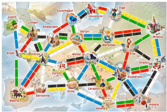 Speelbord van Ticket to Ride: Mijn Eerste Reis. Kaart van Europa met treintjes, steden en routes.
