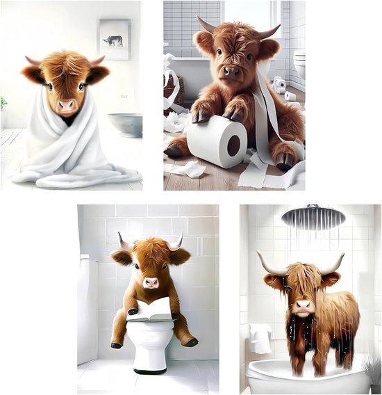 4 Impressions Artistiques Highland Cow - Décoration Murale pour Salle de Bain et Séjour - ensemble de 4 - 20x25cm