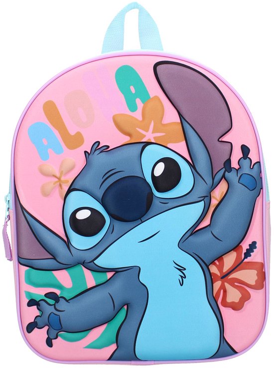 Roze rugzak met Stitch en "Aloha"-print. Stitch heeft grote ogen en handen.
