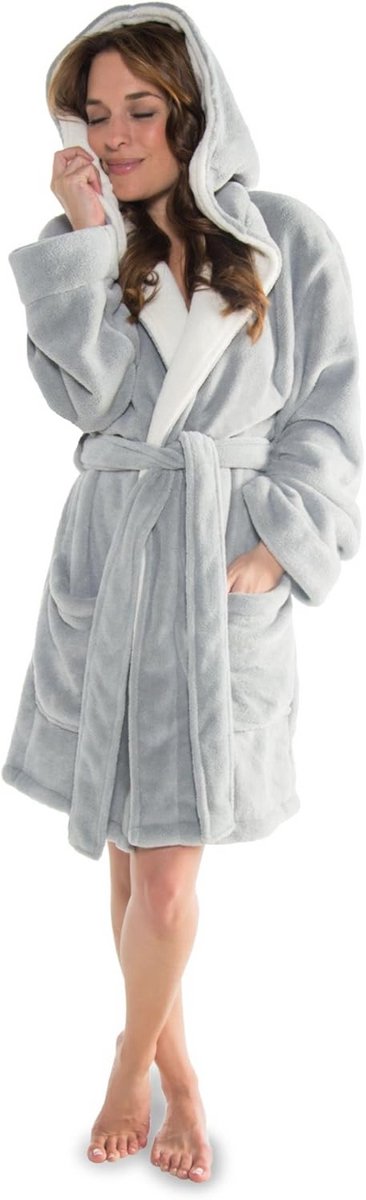 Tweedehands dames badjas met capuchon korte snit microvezel knuffelfleece