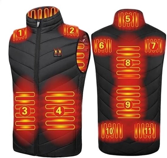 Zwarte bodywarmer met verwarmingselementen op de voorkant en achterkant, met cijfers 1-11.