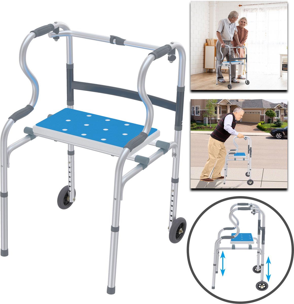 Loophulpmiddel voor senioren met 2 zwenkwielen, opvouwbare rollator voor volwassenen, stabiel, 8-traps hoogte Verstelbaar, aluminium looprek, tot 180 kg, looprek met afneembare zitting en antislipmat