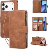 YPCd Wallet Case Pasjeshouder met Rits – Geschikt voor Apple iPhone 17 Pro / iPhone 18 Pro – Luxe Bookcase Hoesje met 6 Pasjesvakken & Polsbandje – Bruin