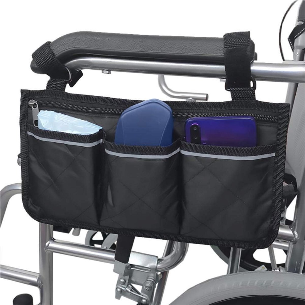 Namvo Rolstoeltas met zakken, universele waterdichte zijtas voor armleuning, zijtas voor elektrische rolstoel, scootmobiel, wandelframe, accessoires, zwart